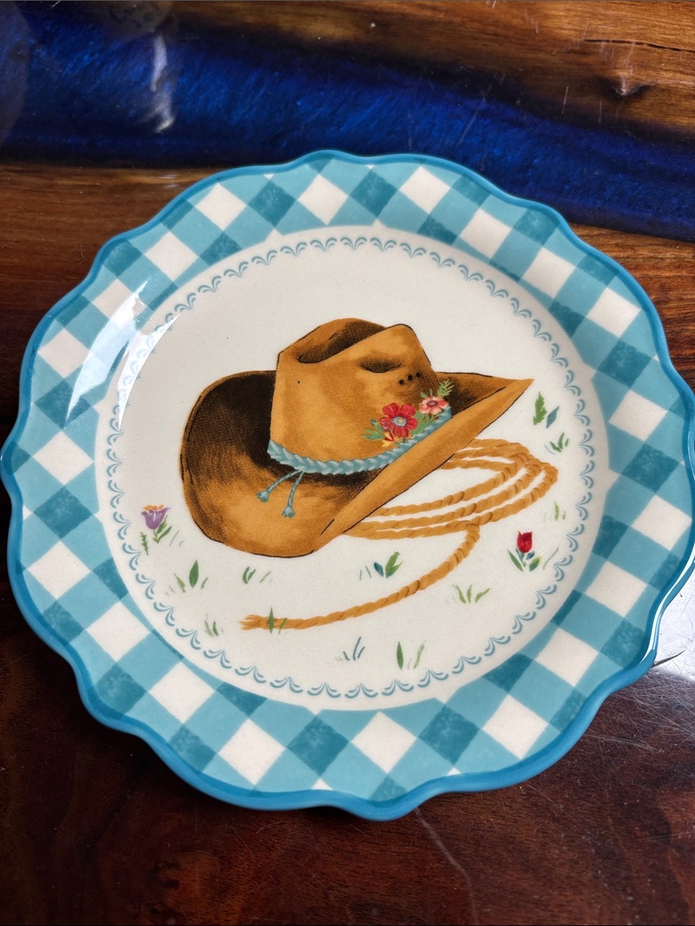 The Pioneer Woman Turquoise Check Scalloped Ceramic Plate with Cowboy Hat